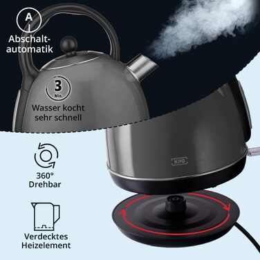 Електричний чайник KHG WK-1711 Retro, зелений, 1.7 л, нержавіюча сталь, з фільтром від накипу, індикатором рівня води, захистом від сухого кипіння та автоматичним вимкненням, прихований нагрівальний елемент, BPA-free, 2200 Вт