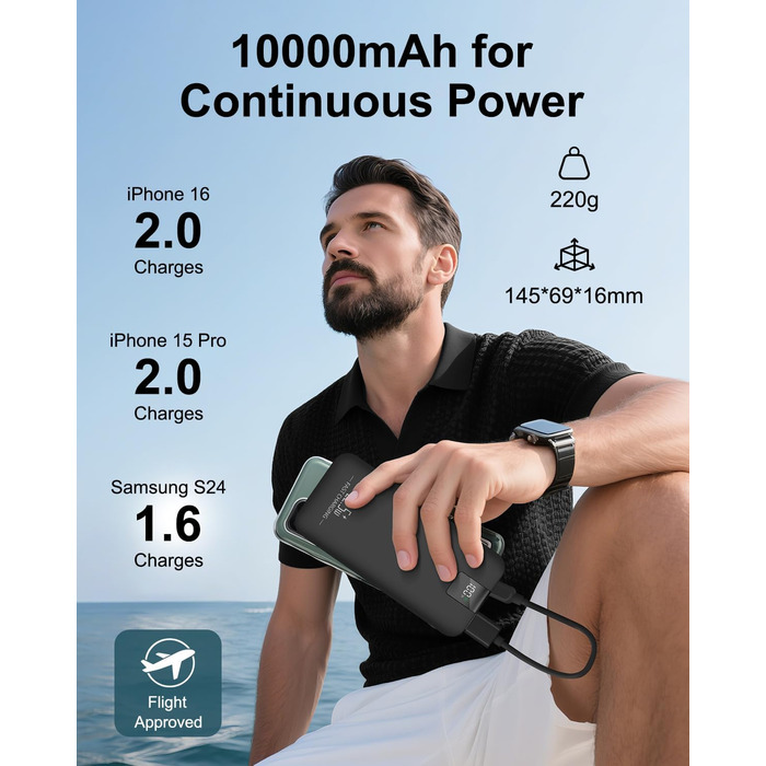 Powerbank 10000mAh 22.5W з LCD-дисплеєм: швидка зарядка, 3 виходи, 2 входи (USB-C), чорний