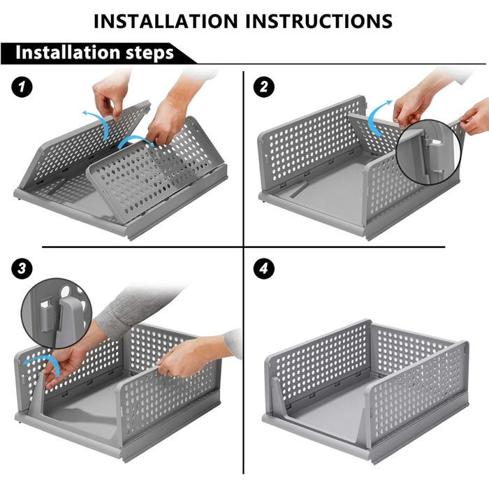 4 Foldable Plastic Storage Boxes Shelf Baskets Closet Storage Boxes Foldable Kitchen Drawer Organizers Stackable Storage Boxes Transport Boxes Closet Containers Cube Pull-Out Drawer - Grey