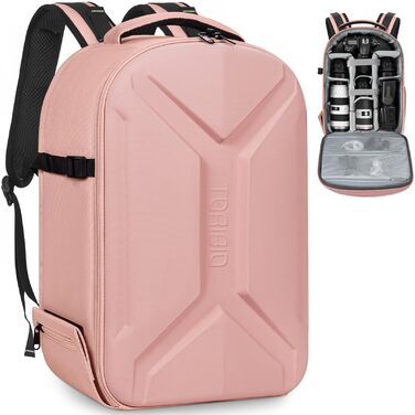 Рюкзак для фотокамери з жорстким корпусом, водонепроникний, ударостійкий, з відділенням для ноутбука 15,6 дюймів та кріпленням для штатива, сумісний з Canon/Nikon/Sony (Рожевий)
