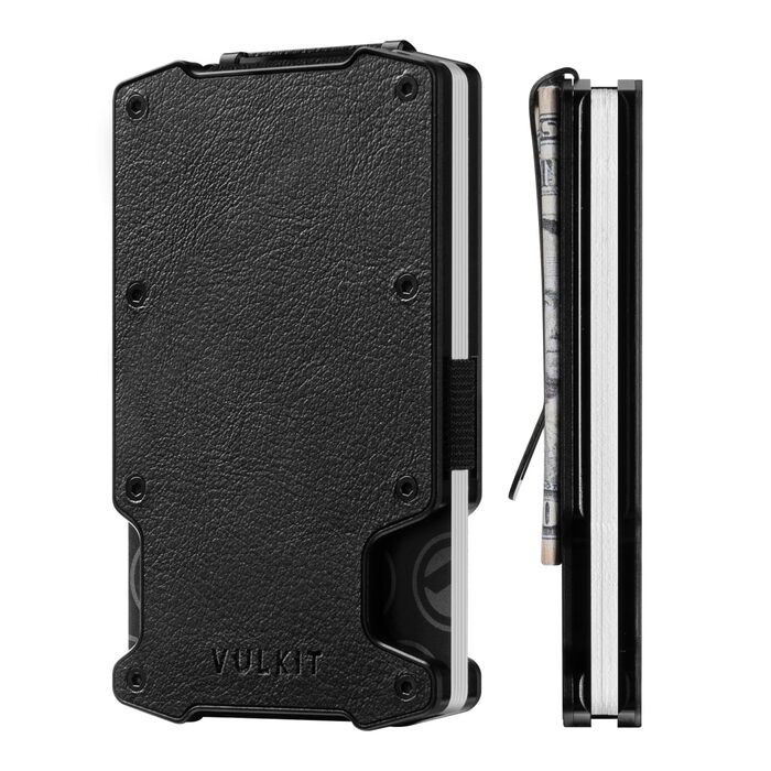 Кредитне портмоне VULKIT з кліпсою для грошей, тонке металеве (алюмінієве) портмоне з тримачем для Airtag, RFID-захист, чоловіче портмоне (Lite-litchi Чорний)