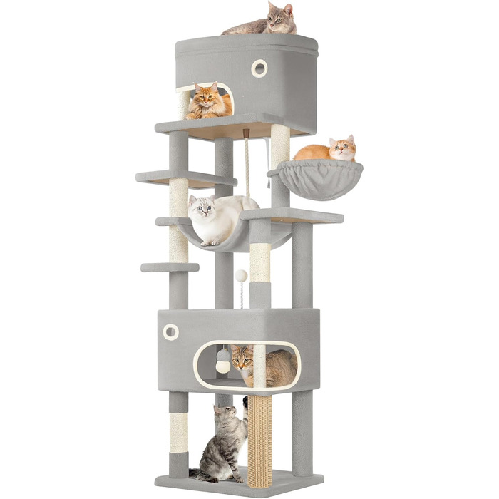 Когтеточка для котів Hzuaneri XXL (203 см) з великою платформою, 2 печери, 7 стовпчиків, помпонами, лежаками та гамаком. Підходить для всіх порід котів. MS20318YL (Світло-сірий)