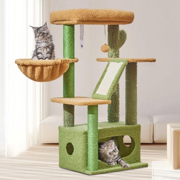 Кігтеточка Taoqimiao Klein, 98 см: котячий будиночок, корзина, 4 стовпчики, м'ячі, зелений (MS029SW)