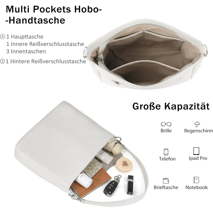 Жіноча сумка-шопер Befen з натуральної шкіри бежевого кольору, середнього розміру, з ручками та 2 плечовими ременями - класична елегантна сумка-хобо