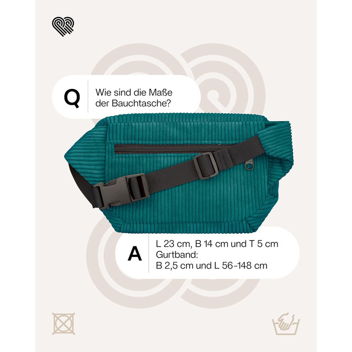 Чоловіча та жіноча поясна сумка PP-Berlin з корду, ручної роботи, веганська, 3 відділення, Made in Germany, для повсякденного використання, можна носити як через плече (Petrol)