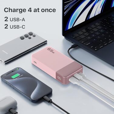 Power Bank Nobis 20000mAh 65W з цифровим дисплеєм, рожевий - портативний зарядний пристрій для ноутбука, телефону, планшета