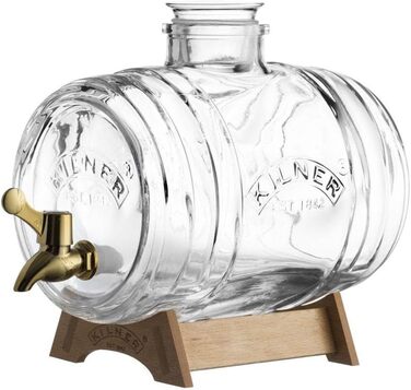 Kilner Drink Dispenser Barrel with Tap, Measuring Cup, and Wooden Stand, 3.5 Liters, Glass/Metal, Dimensions: 32 x 17 x 19.6 cm
