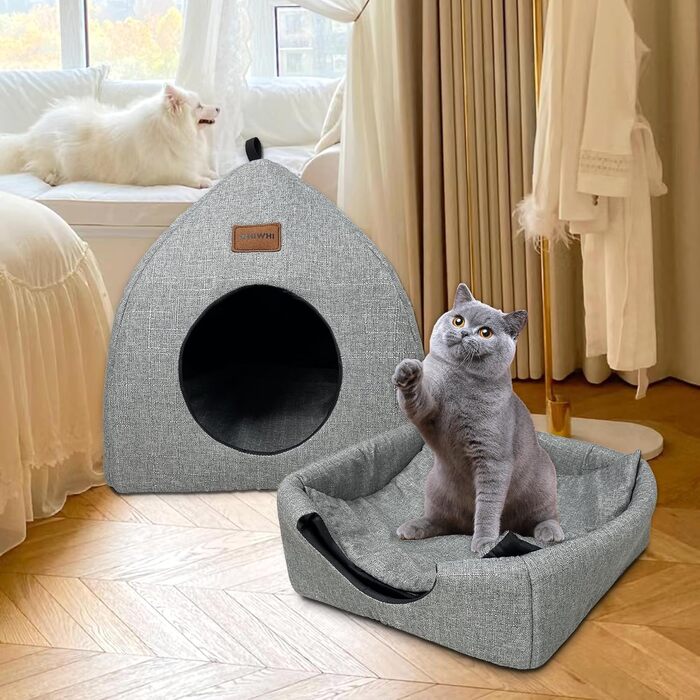 Кіт-будиночок Katzenhöhle для дому з подушкою, складаний, миючий, зручний, сірий, 40x40x35 см