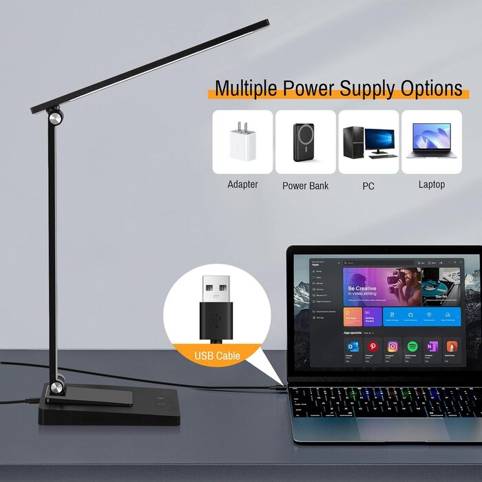 LED лампа настільна Eraylife: бездротова, 800LM, 2600mAh, 5 кольорів, 5 рівнів яскравості, диммування, для дітей, офісу, з USB, чорна