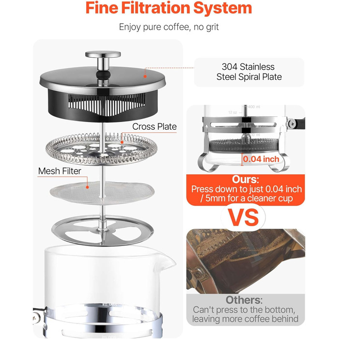 Френч-прес VEVOR 1 л з боросилікатного скла та нержавіючої сталі - для приготування кави, чаю, кемпінгу, подорожей, кухні, ресторану