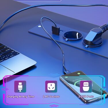 Ігровий стіл 153x153 см L-подібний з LED підсвіткою, 2 розетками, 2 USB портами, полицею для монітора, кутовий комп'ютерний стіл, вугільно-чорний