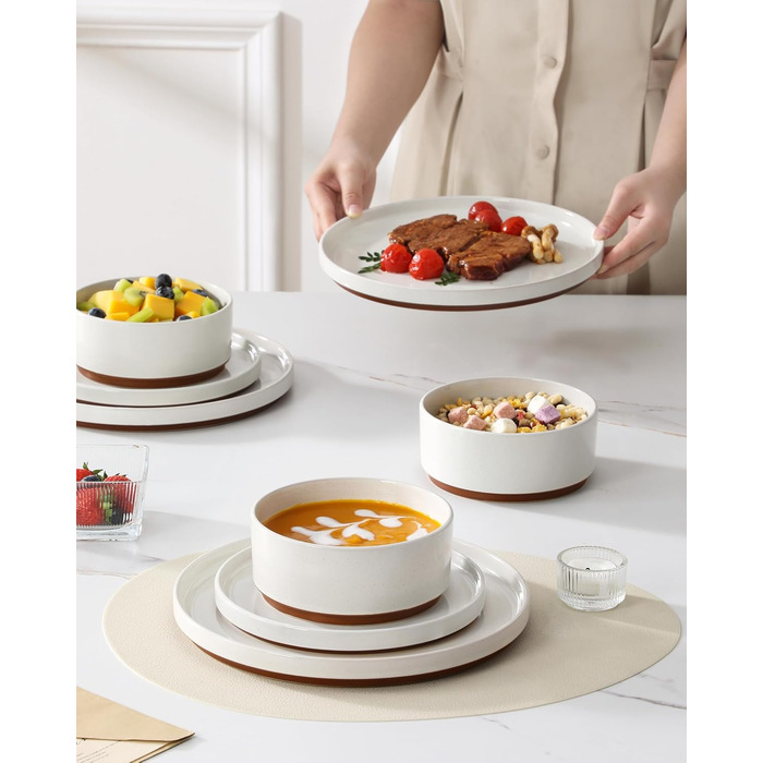 MALACASA Набір посуду з каменю 6 осіб, 18 предметів: тарілки, миски, супи, кераміка, білий з коричневим, посуд для сервірування столу