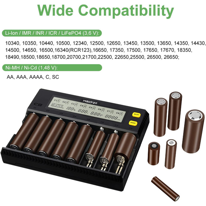 Зарядний пристрій для акумуляторів AUKSKY з LCD-дисплеєм (8 слотів) - універсальний заряд для NI-MH, NI-Cd, AA, AAA, 14500, 18350, 21700, 26650, Li-Ion, LiFePO4, RCR123A, 1.5A