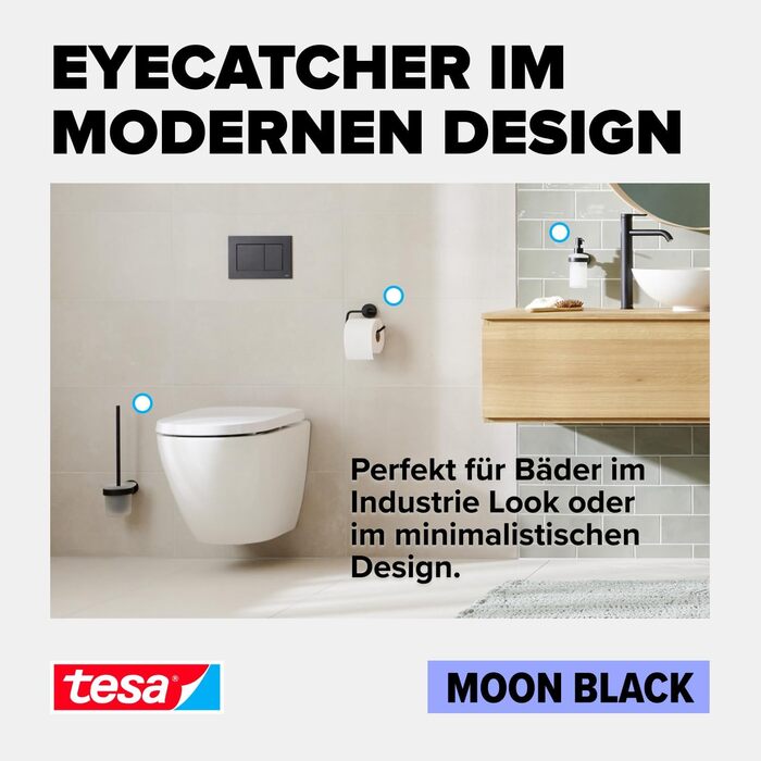 Стакан для зубних щіток tesa Moon Black з матового скла з тримачем, чорний матовий, для ванної у стилі лофт та модерн, без свердління, клейке кріплення, 70x96x109 мм