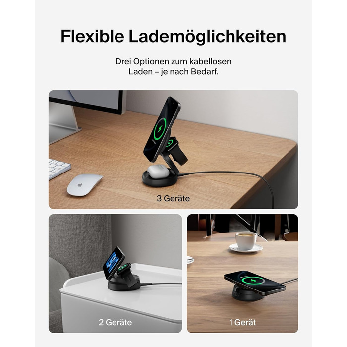 Белкін BoostCharge 3-в-1: Індукційна зарядна станція з Qi2, 15W, MagSafe, для iPhone, Apple Watch, AirPods, з блоком живлення 30W – Чорний