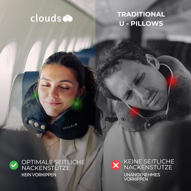 Подушка для шиї CLOUDS – зручна подушка для подорожей на літаку та в авто з memory foam, 2 розміри, дихаючий чохол, 5 кольорів (сірий, L/XL)