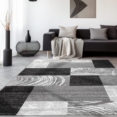 Килимок для вітальні, спальні, їдальні, коридору, кухні. Сучасний килим з геометричним візерунком, м'який, короткий ворс, легкий у догляді. Чорний, 140 x 200 см.