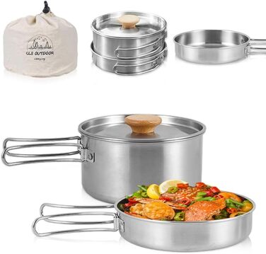 Набір кухонного посуду для кемпінгу Udbrud: нержавіючий посуд з кришкою та складним ручками. Набір для кемпінгу, пікніків, риболовлі та походів