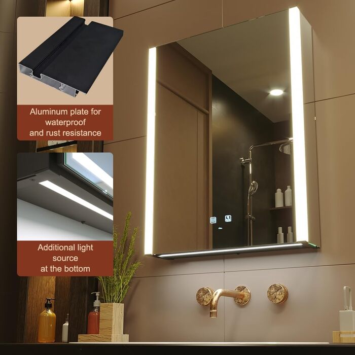 LED дзеркальна шафка для ванної кімнати KWW з підсвічуванням, регульованою температурою світла, протитуманним покриттям та USB роз'ємами (2 дверцята, 80x70 см, ліве кріплення)