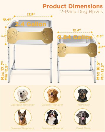 Підвищені годівниці для собак великих та гігантських порід, 2 шт., об'єм 10 л води та 4,5 л корму, 6 регульованих по висоті підставок, миски з нержавіючої сталі для великих собак, зняття навантаження на суглоби, легкі