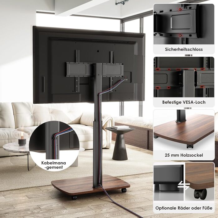 AOKCOS Rolling TV Stand with Wood Shelf - Adjustable Height & Swivel - Fits 43-75 Inch TVs (up to 50kg) - VESA 600x400mm - White+Natural (Black+Vintage Brown)