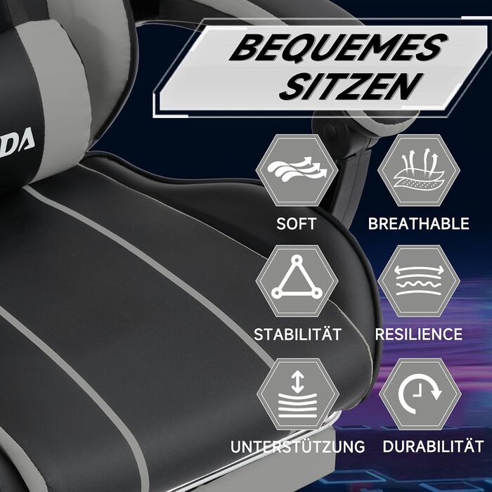 Ігрове крісло SUKIDA Ergonomic Gaming Chair з підставкою для ніг та підтримкою попереку, чорно-сіре