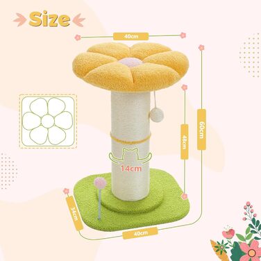 Flower Cat Tree - Small Cat Tree for Indoor Cats with Super Thick Scratching Post [Dia=14cm], Detachable Flower Cat Bed, Feather Ball - (Yellow)