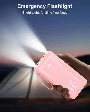 Повербанк 27000mAh з 4 вбудованими кабелями, 30W Power Bank USB-C швидка зарядка з LED-дисплеєм для iPhone, Samsung, iPad та Android, рожевий