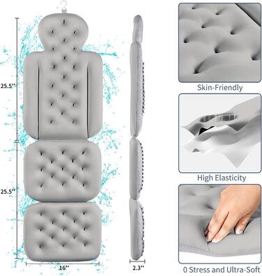 Full Body Bathtub Pillow with 160 Suction Cups - Head & Neck Support Bath Mat with Laundry Bag (Dark Gray, 130 x 41 cm)