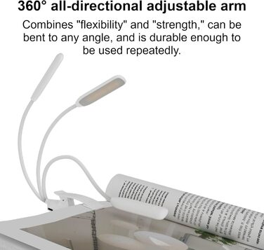 USB LED лампа для читання з кліпсою, 3 режими температури кольору, регульована яскравість, гнучка на 360°, для ліжка, столу та подорожей, біла
