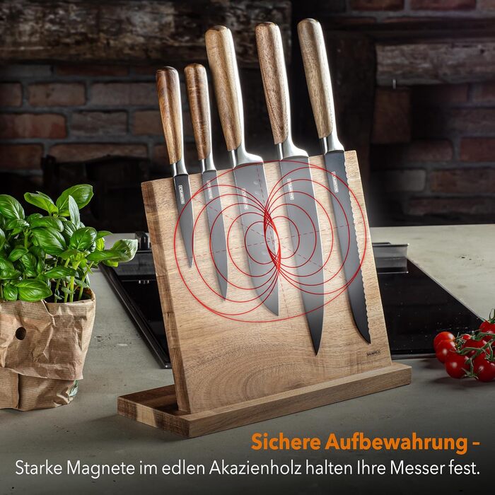 Baumfeld 6-Piece Knife Block Set - Premium Kitchen Knife Set with Acacia Wood Block - Professional Stainless Steel Ceramic Coated Knife Set (Black)