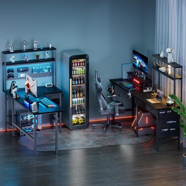 Ігровий стіл кутовий 150x100 см з 3 розетками та 2 USB, реверсивний, з LED підсвічуванням, з ящиками та підставкою для монітора, чорний