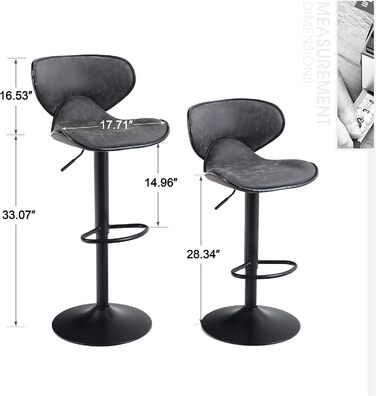 Alpha Adjustable Height Swivel Bar Stools 2-Pack with Backrest & Footrest - PU Leather Kitchen Bar Counter Stools (Grey)