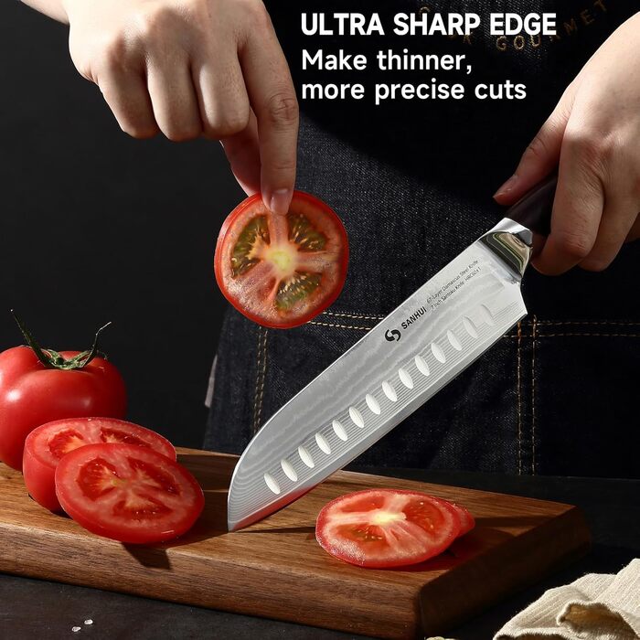 Набір кухонних ножів Sanhui Damast: 3 ножі з дамаської сталі з ручками з паккавуда. Професійний набір ножів у подарунковій коробці - ідеальний для професійних та аматорських кухарів.