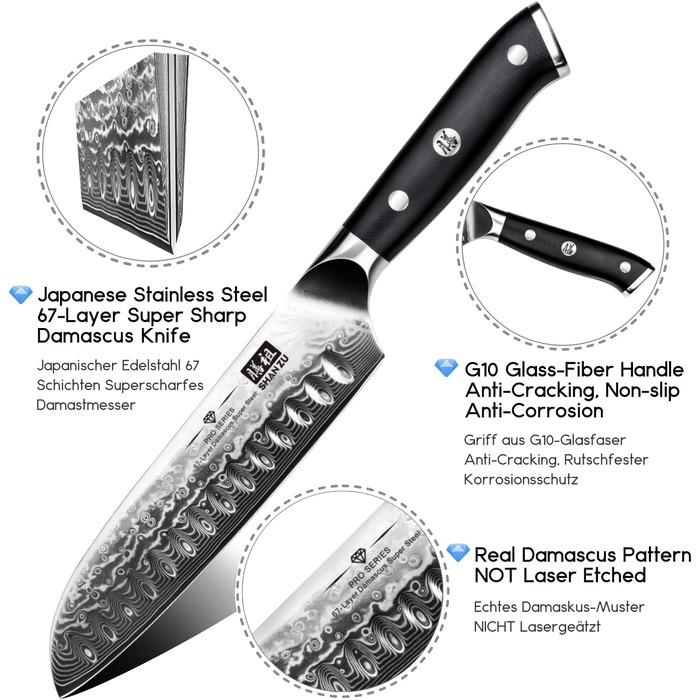 Ніж Сантоку SHAN ZU Damast PRO Series: 67 шарів дамаської сталі, ручка G10
