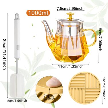 Скляний чайник Teekanne з ситом для листового та розквітлого чаю, 1000 мл, термостійке скло з щіткою для чищення, підходить для плити