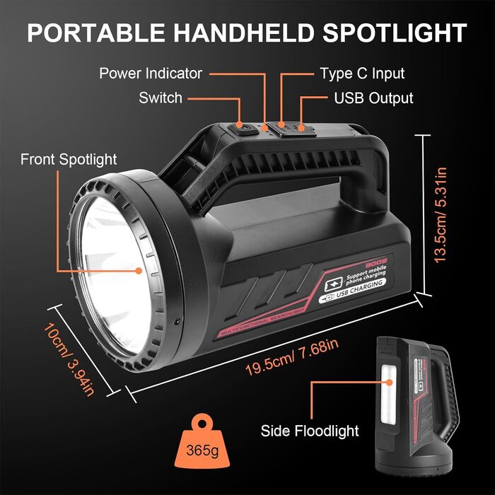 ERAY LED ліхтар 11000 лм, ручний прожектор, акумулятор 9600mAh, 6 режимів, IPX4 водостійкий, Power Bank, потужний ліхтар для кемпінгу, походів, надзвичайних ситуацій, активного відпочинку