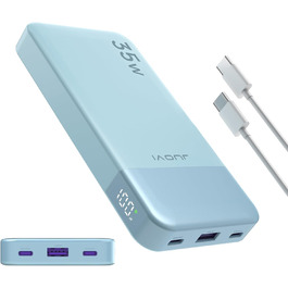 Power Bank JUOVI 10000mAh, 35W з 3 виходами та 2 входами, PD3.0 QC 4.0, цифровий дисплей, для iPhone, MacBook, Samsung, Android (Блакитний)
