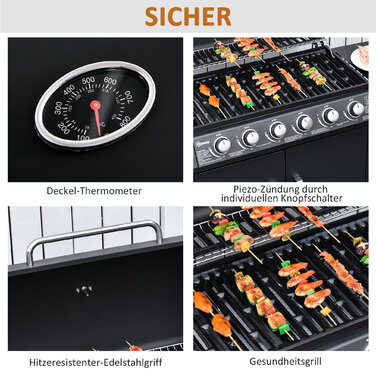 Газовий гриль Outsunny BBQ з візком, 6 конфорок, 1 бічна конфорка, шафка, багатофункціональний, метал, чорний, 135 x 50 x 100 см | Aosom