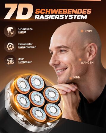 Електрична бритва для голови Glatzenrasierer Herren 7D з LED дисплеєм, водонепроникна (IPX5), чорна