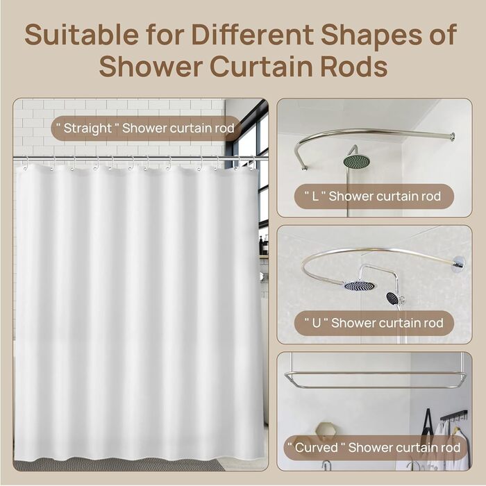 Штора для душу 180x180 см льон, біла - водонепроникна, з обтяженим краєм, з кільцями (12 шт.) для ванної кімнати