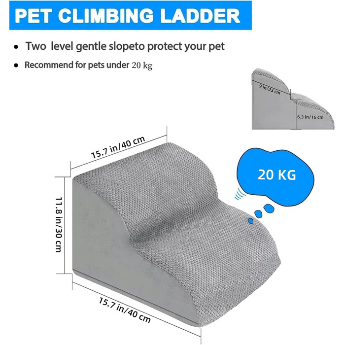 LIANTRAL Dog Stairs, 3 Steps Dog Stairs for Bed and Sofa made of High-Density Sponge, Cat Stairs Dog Ramp with Removable, Washable Cover and Pet Hair Remover Roller, 40 cm High (2 Steps Grey)