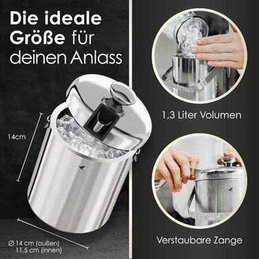 Beyond ice cube containers with lid and tongs 100% BPA free made of stainless steel - ice cube cooler, double-walled, 1.3 liters | Ice bucket for ice cubes, ice container for ice cube storage
