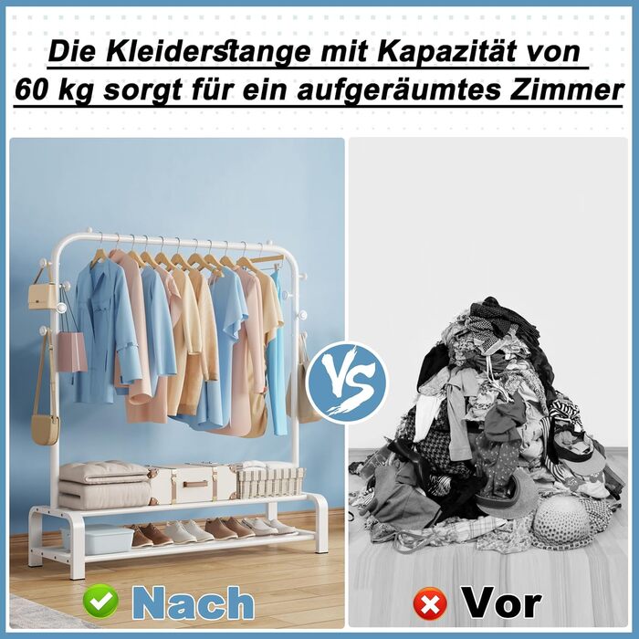 Clothes Rack, Coat Rack Stable Clothes Rod with 6 Hooks and 2 Shoe Shelf Storage Shelf, Bedroom Clothes Rack Freestanding Clothes Rail, (White)