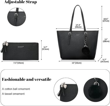 Сумка жіноча TANTOMI з гаманцем: для офісу, школи, покупок, велика, чорна, з пензликом та помпоном з штучного хутра