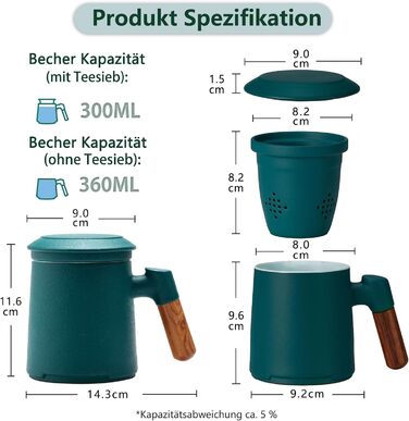 ZENS Teacup with Lid and Infuser, 360 ml Wooden Handle Teacup with Tea Strainer and Lid for Loose Leaf Tea, Matte Ceramic Teacups Gifts for Tea Lovers, Hand-Sprayed Dark Green Glaze