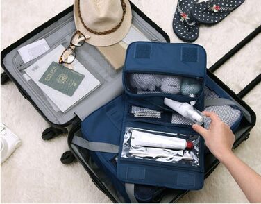 Сумка для туалетних аксесуарів на гачку | Складна дорожня сумка для туалетних речей з ручкою | Багатофункціональна косметичка, компактна сумка для туалетних аксесуарів, валізка для миття для чоловіків та жінок, темно-синій