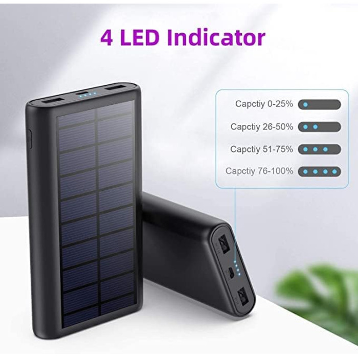 Портативний сонячний павербанк 26800mAh з USB-C, 3 виходи, для активного відпочинку, сумісний з iPhone та Samsung (чорний)