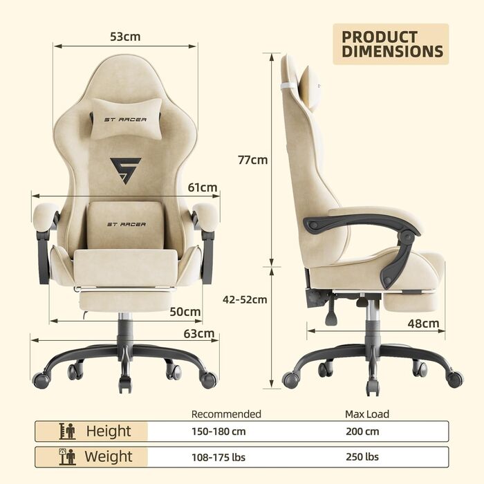 Геймерське крісло Ferghana Ergonomischer з підголівником та підтримкою спини - Преміум PC крісло для офісу та геймінгу, тканина, біле