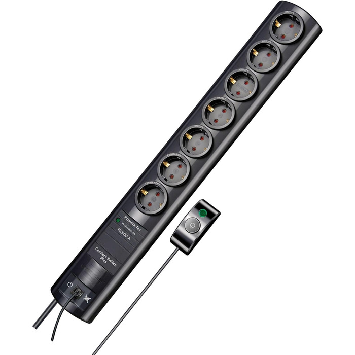 Бренненштуль Primera-Tec Comfort Switch Plus мережевий фільтр 7-портовий з захистом від перенапруги (2м кабель, вимикач та RJ-11), чорний, з ручним/ножним вимикачем